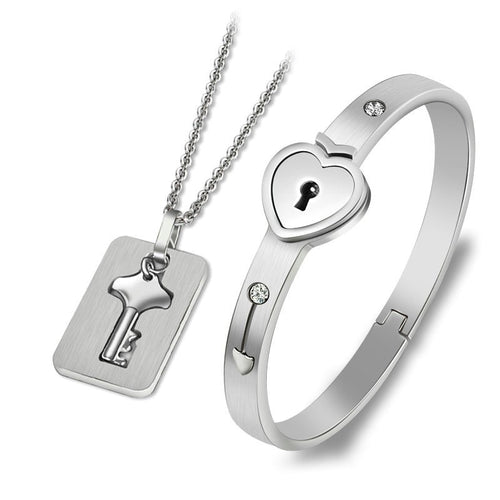 Couples Necklace and Bracelet Lock Key Set